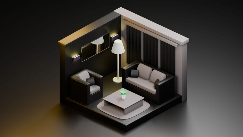 Nowoczesny minimalistyczny salon w wizualizacji 3D